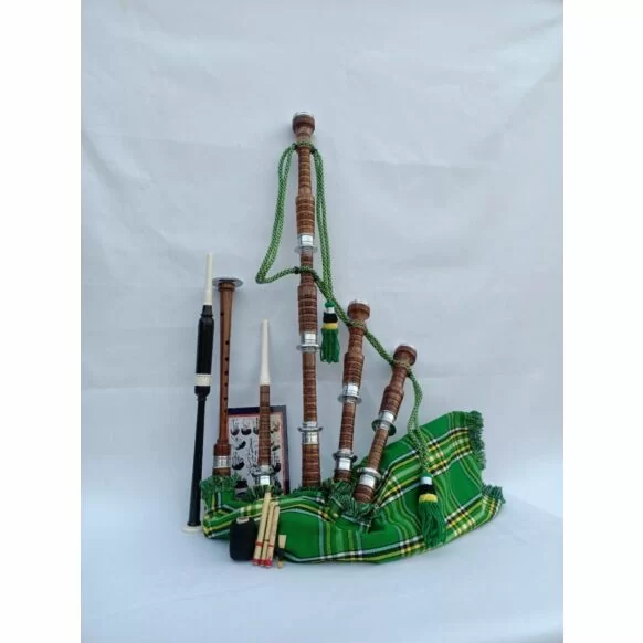  Irish National Tartan Natural Finish Bagpipe Set