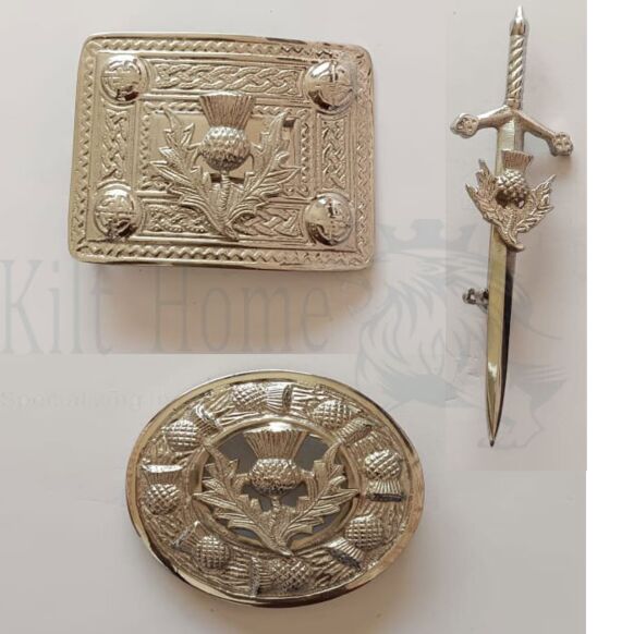 Thistle Badge Silver Belt Buckle Brooch Set